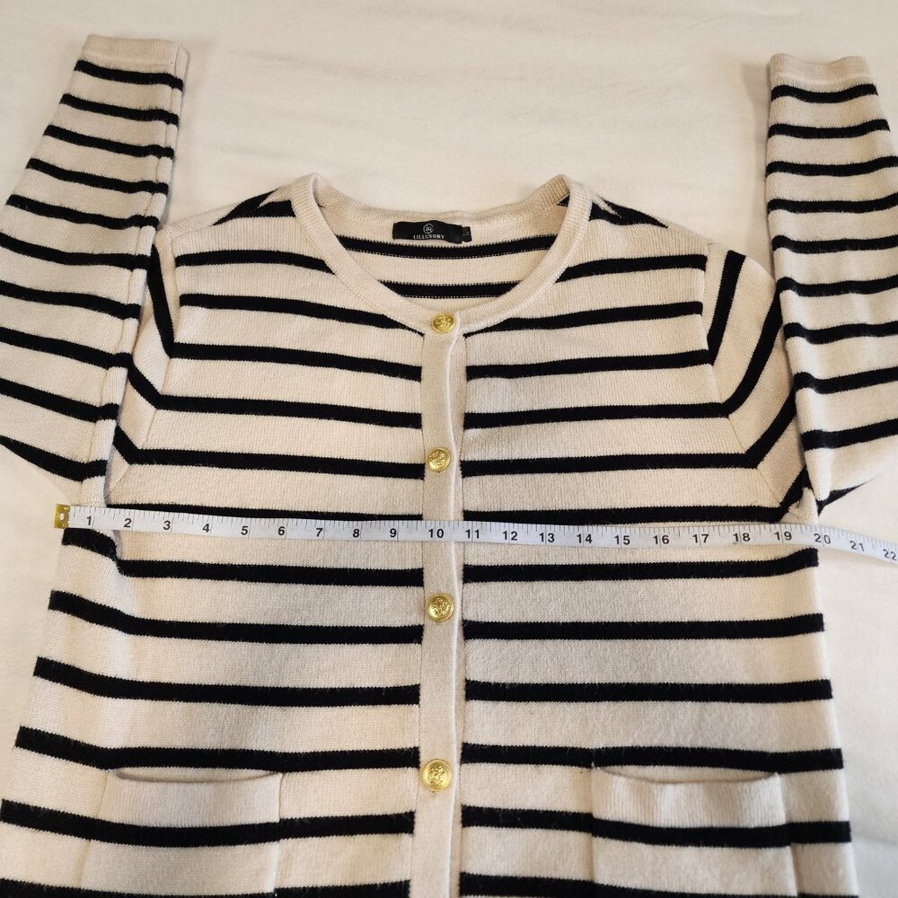 LILLUSORY Striped Cardigan Sweater Lady Jacket Gold Buttons Black & Cream Size L - Picture 12 of 13